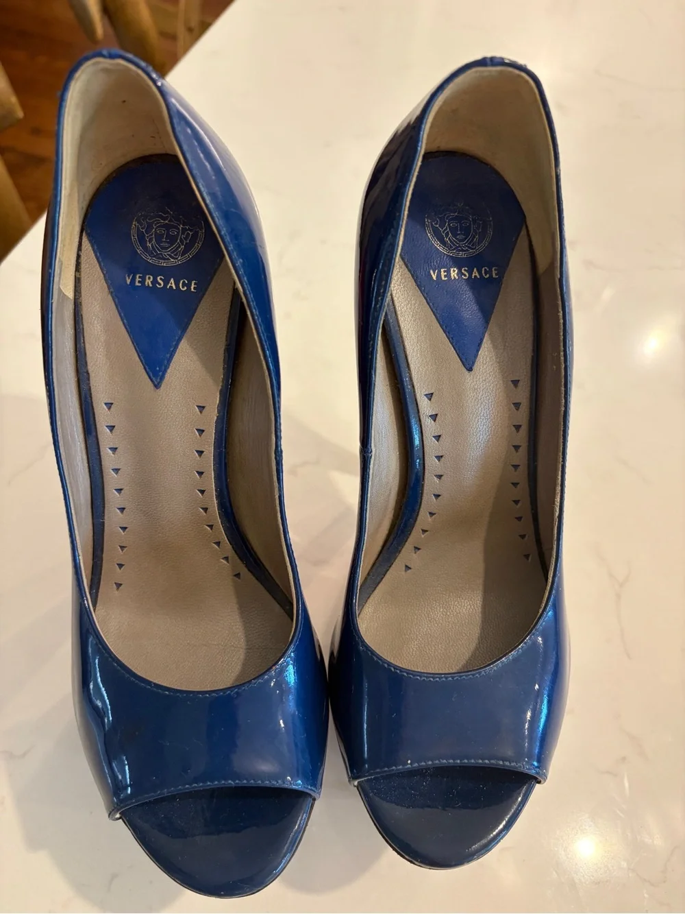 Versace Black, Pink & Blue Triple Platform Peeptoe Heels 35 U.S. 5